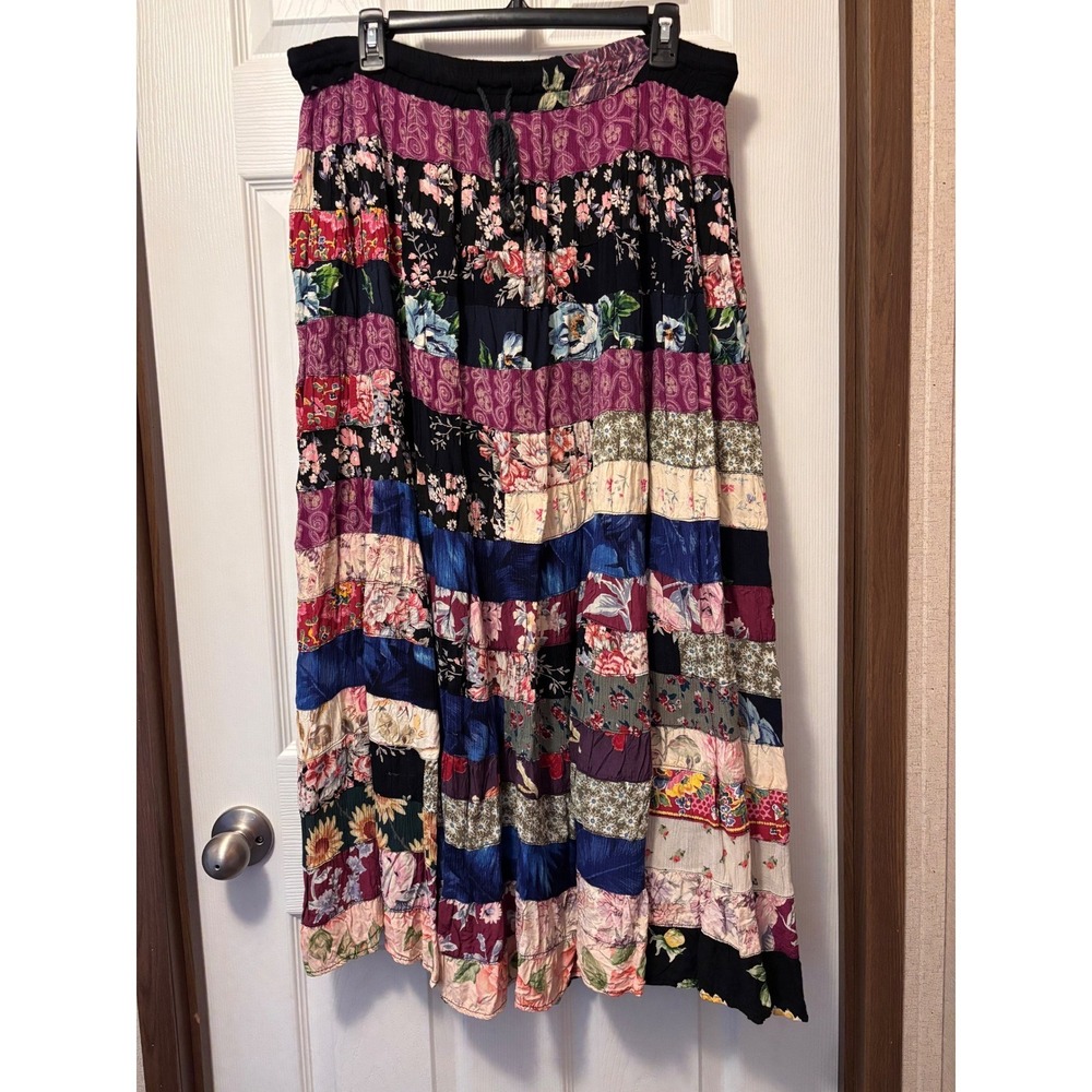 Her Style Boutique Floral Patchwork Maxi Skirt Boho Tiered Cotton Rayon OS